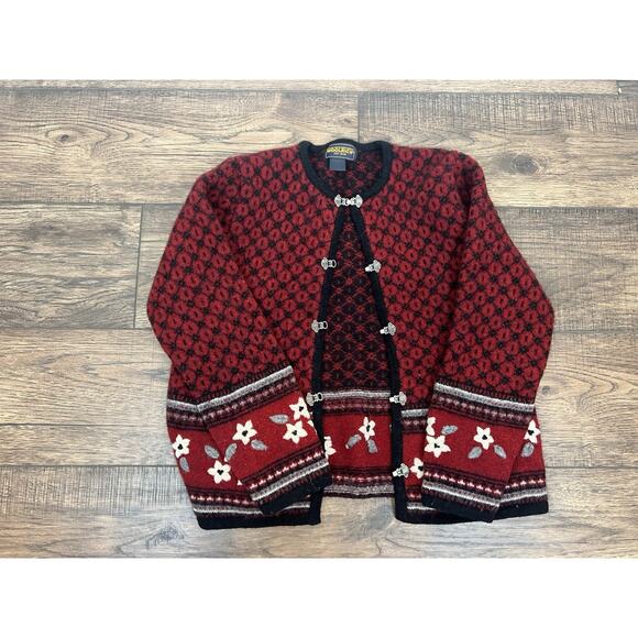 VTG Woolrich Red Cardigan Sweater 100% Wool Nordic Metal Clasps Women’s Sz M - Picture 1 of 4